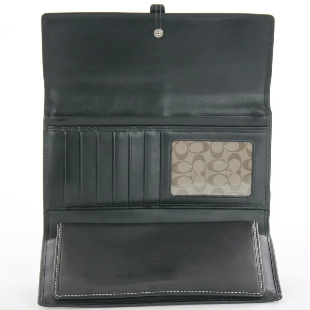 Coach Vintage Black Leather Silver Buckle Trifold Checkbook Wallet